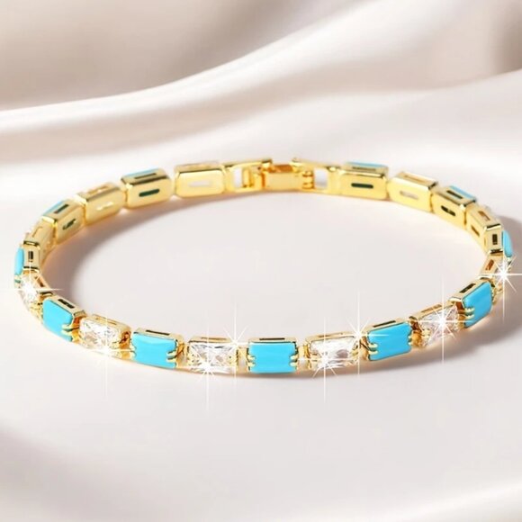 14K Gold Womens 1ct Diamond Natural Turquoise Gemstone Tennis Bracelet Jewelry - Picture 2 of 7
